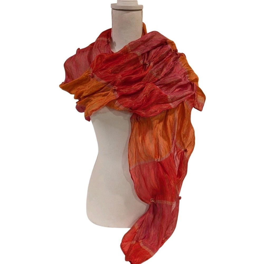 Silk Blend Bubble Textured Scarf Orange Red Ombre Sheer Beaded Lightweight Wrap